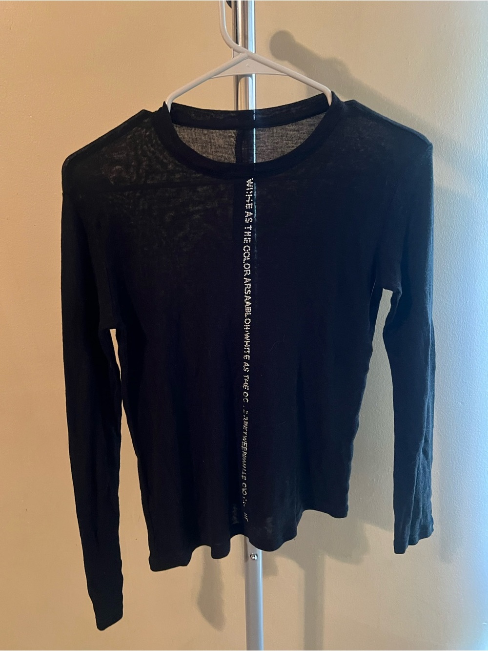 Black Long-Sleeve Tee with Vertical glitter Script Detail